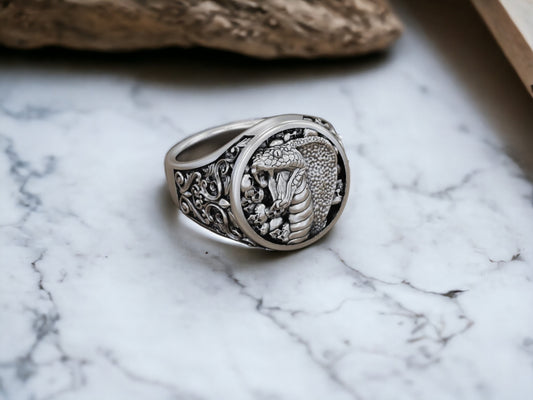 Baroque Cobra Skulls Ring, Silver Signet Ring, Silver Snake Ring, Cobra Snake Signet Ring, Serpent Large Ring, Handmade Skull Jewelry