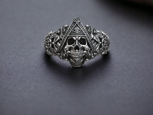 Eye Of Providence Ring: Masonic Skull Head Ring, Freemason Ring, Gothic Men Ring, Silver Punk Jewelry