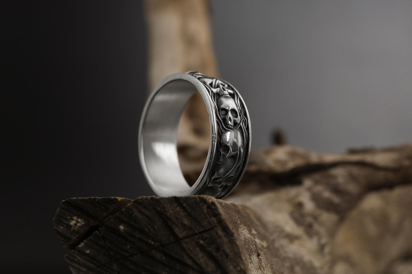 Skulls In Smoke Band Ring: Gothic Engagement Ring, Skull Engraved Biker Ring, Goth Promise Ring