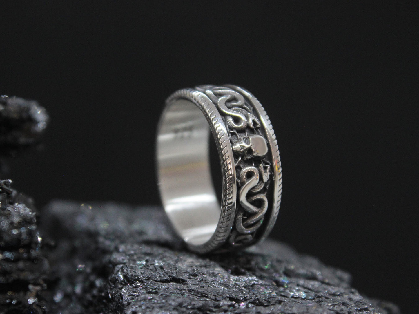 Gothic Snake Band Ring, Dark Symbolic Ring, Silver Skull And Snake Ring For Men, Occult Biker Ring, Vintage Skull Statement Jewelry
