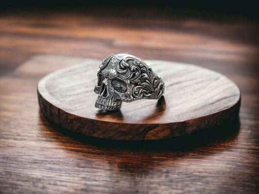 Baroque Patterned Skull Ring, Vintage Skull Ring Men, Punk Ring, Halloween Gift, Gothic Ring For Men, Skull Head Ring, Handmade Men Ring