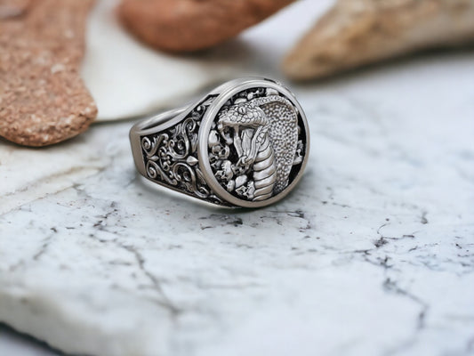Baroque Cobra Skulls Ring, Silver Signet Ring, Silver Snake Ring, Cobra Snake Signet Ring, Serpent Large Ring, Handmade Skull Jewelry