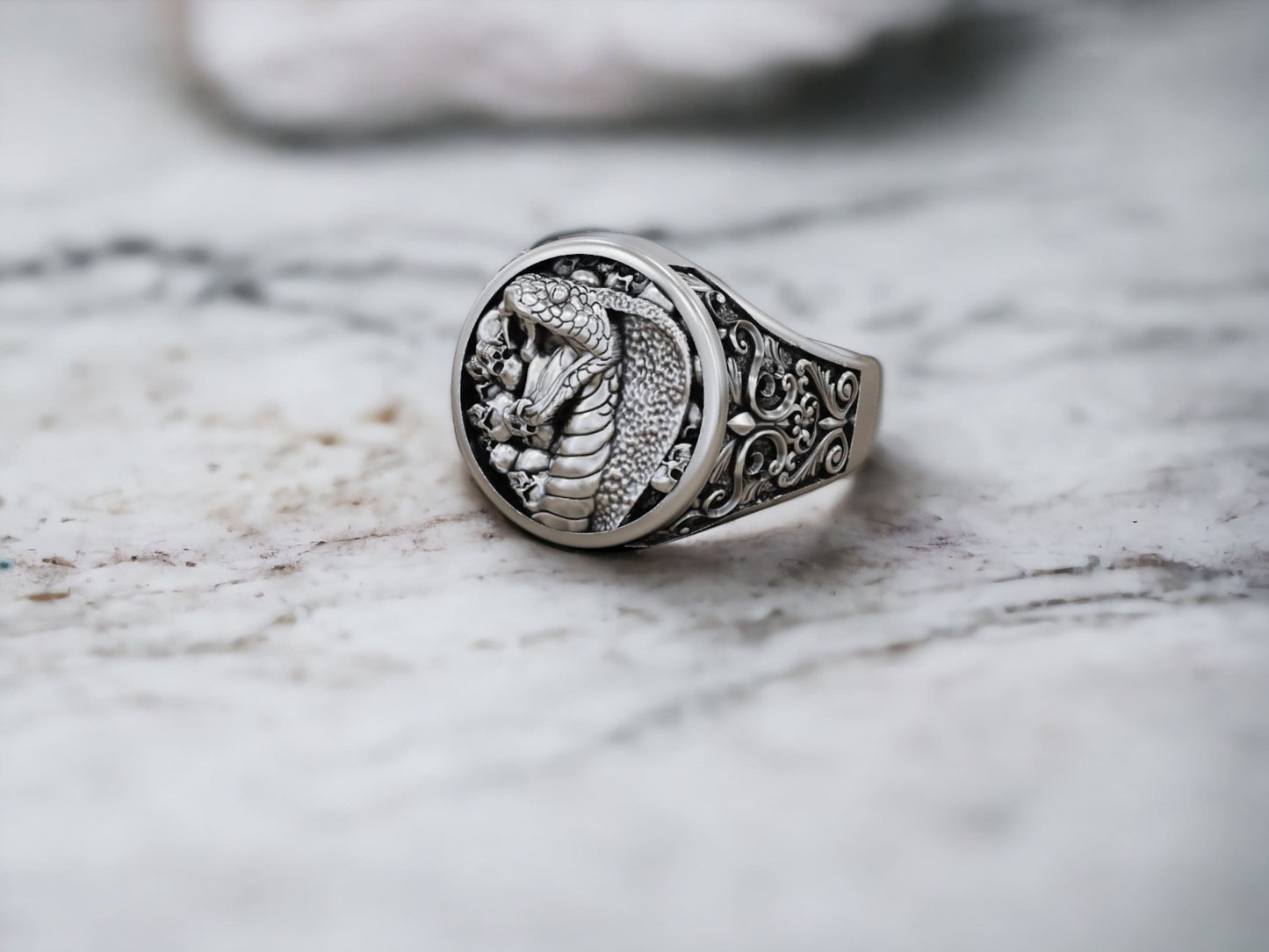 Baroque Cobra Skulls Ring, Silver Signet Ring, Silver Snake Ring, Cobra Snake Signet Ring, Serpent Large Ring, Handmade Skull Jewelry