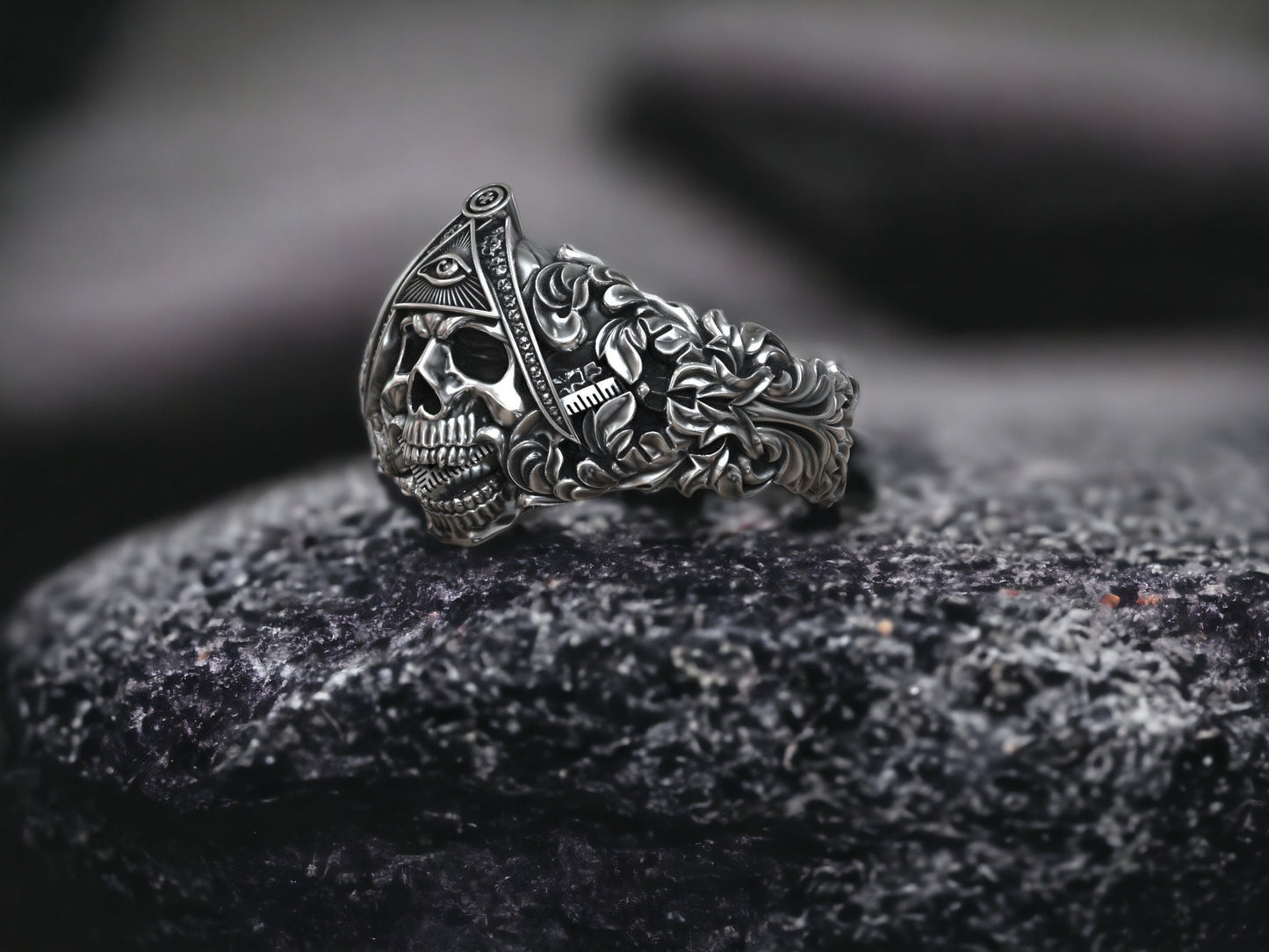 Eye Of Providence Ring: Masonic Skull Head Ring, Freemason Ring, Gothic Men Ring, Silver Punk Jewelry