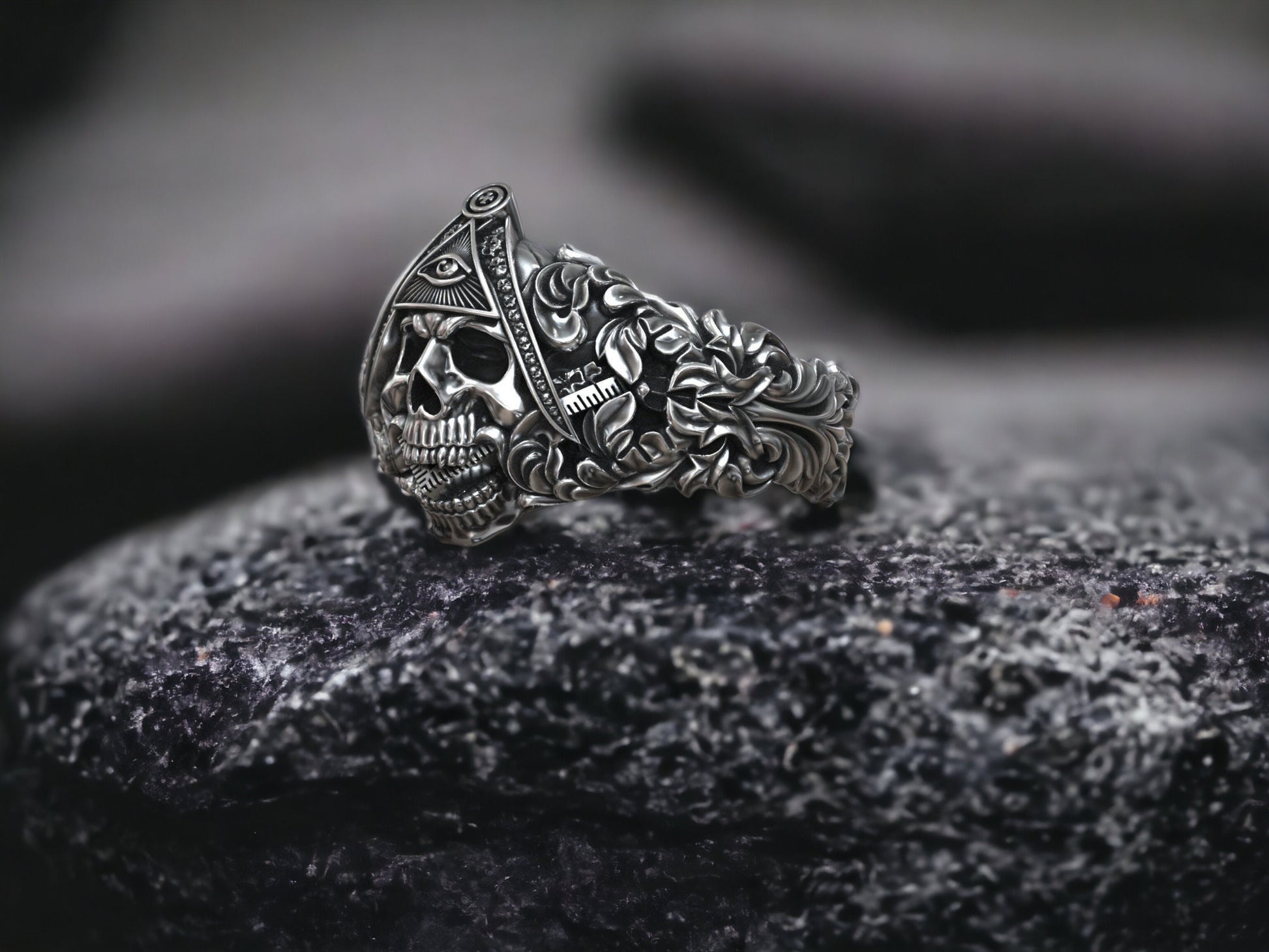 Eye Of Providence Ring: Masonic Skull Head Ring, Freemason Ring, Gothic Men Ring, Silver Punk Jewelry