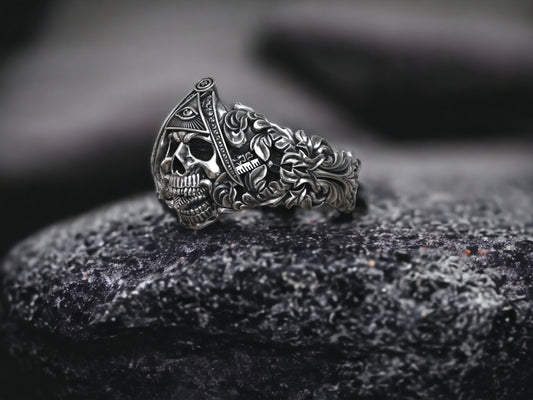 Eye Of Providence Ring: Masonic Skull Head Ring, Freemason Ring, Gothic Men Ring, Silver Punk Jewelry