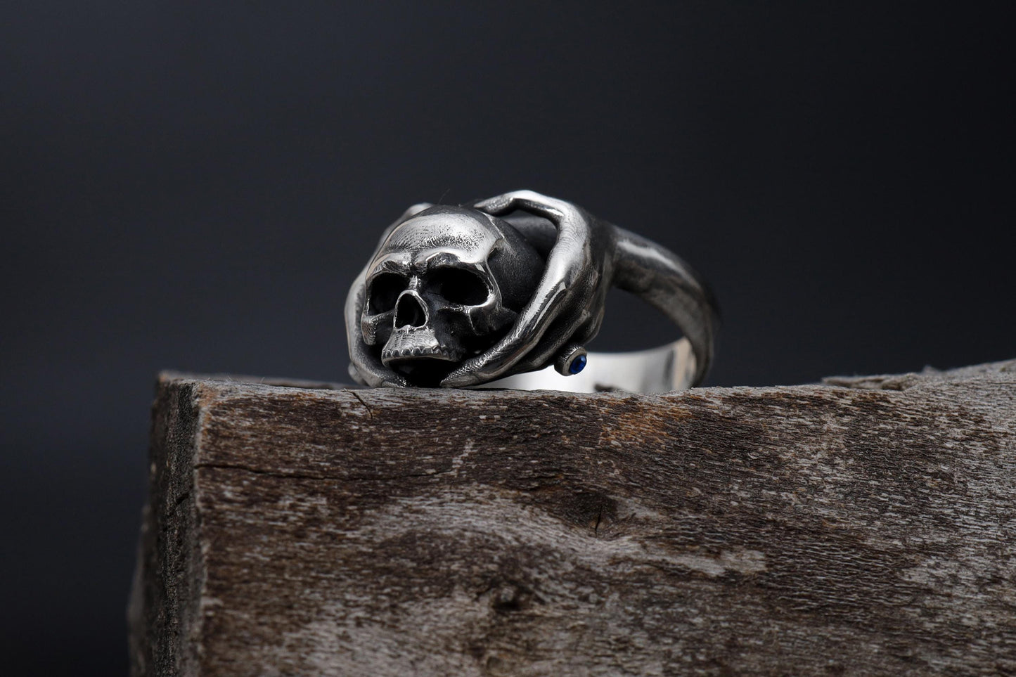 Handmade Gothic Skull Ring: Rhodium Plated Hand Holding Skull Ring, Gypsy Style Ring, Dark Aesthetic Jewelry, Gothic Gypsy Jewelry
