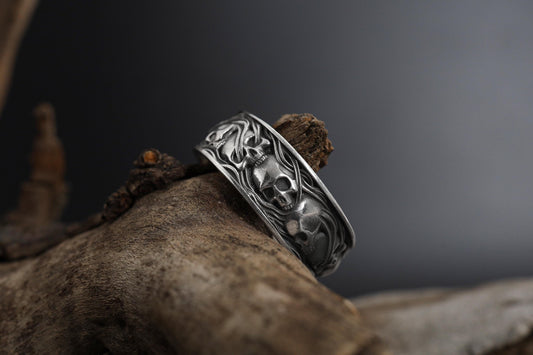 Skulls In Smoke Band Ring: Gothic Engagement Ring, Skull Engraved Biker Ring, Goth Promise Ring