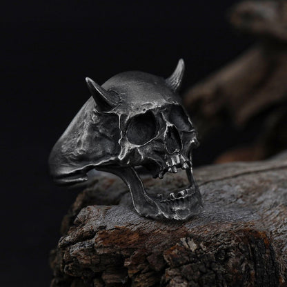 Rhodium Plated Demon Head Ring: Horned Skull Ring, Biker Statement Ring, Hellraiser Head Jewelry, Gothic Men Ring