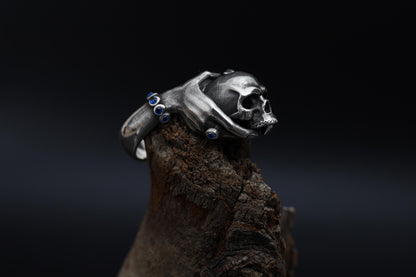 Handmade Gothic Skull Ring: Rhodium Plated Hand Holding Skull Ring, Gypsy Style Ring, Dark Aesthetic Jewelry, Gothic Gypsy Jewelry