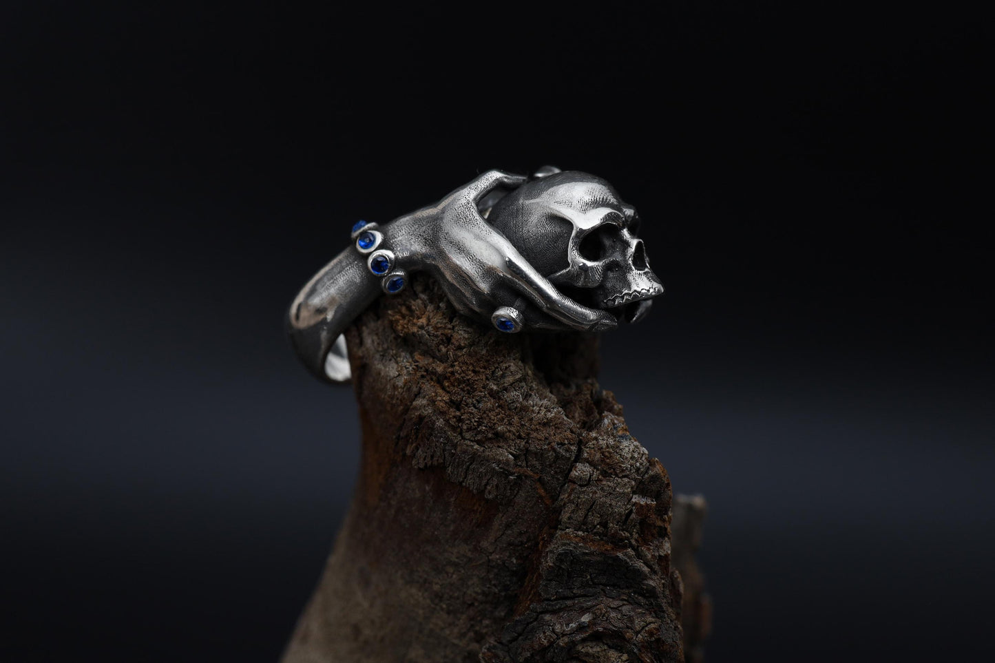 Handmade Gothic Skull Ring: Rhodium Plated Hand Holding Skull Ring, Gypsy Style Ring, Dark Aesthetic Jewelry, Gothic Gypsy Jewelry