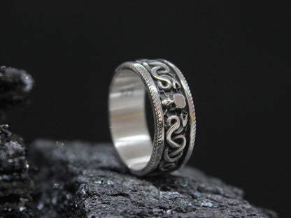 Gothic Snake Band Ring, Dark Symbolic Ring, Silver Skull And Snake Ring For Men,  Occult Biker Ring, Vintage Skull Statement Jewelry