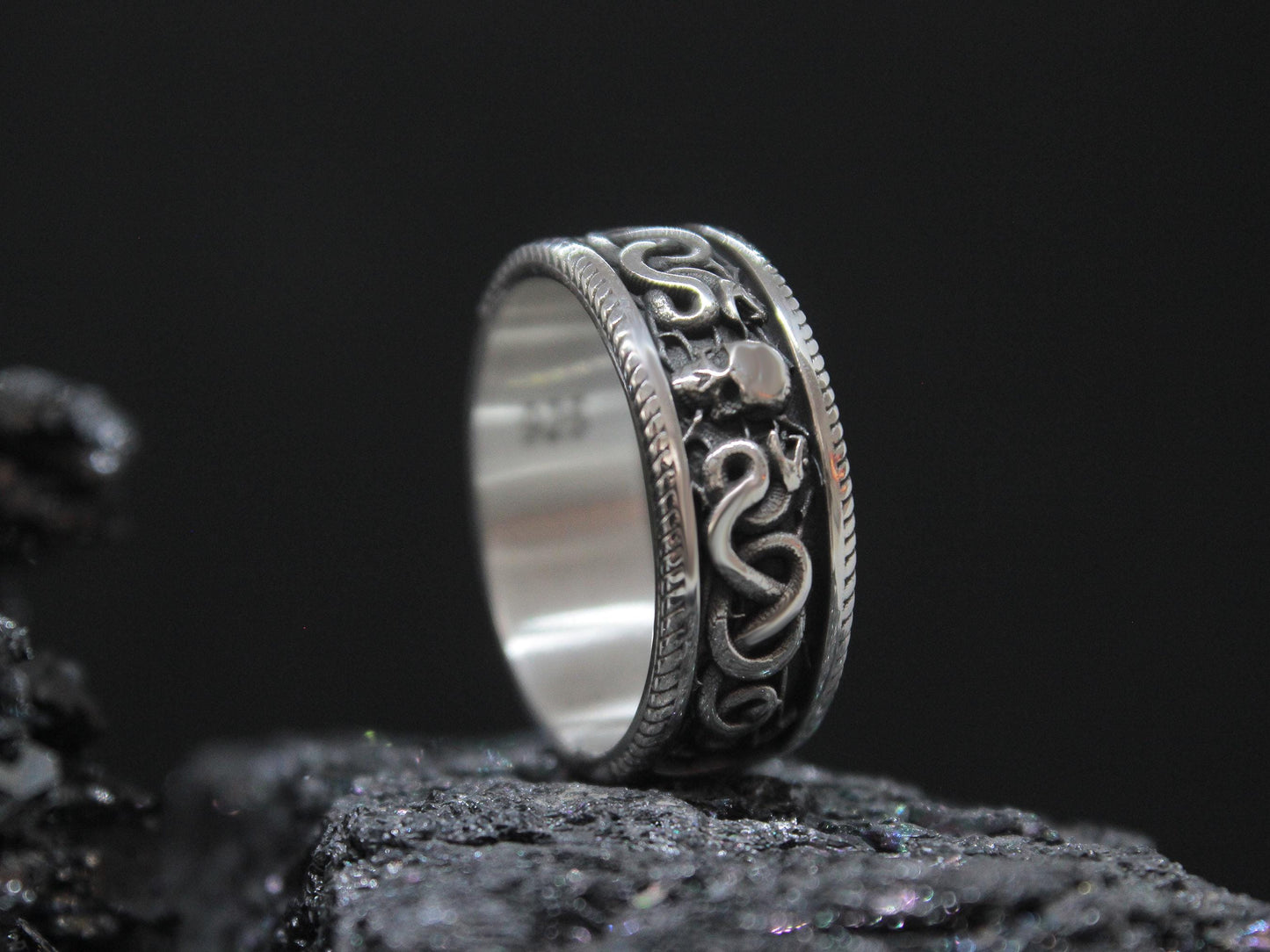 Gothic Snake Band Ring, Dark Symbolic Ring, Silver Skull And Snake Ring For Men,  Occult Biker Ring, Vintage Skull Statement Jewelry