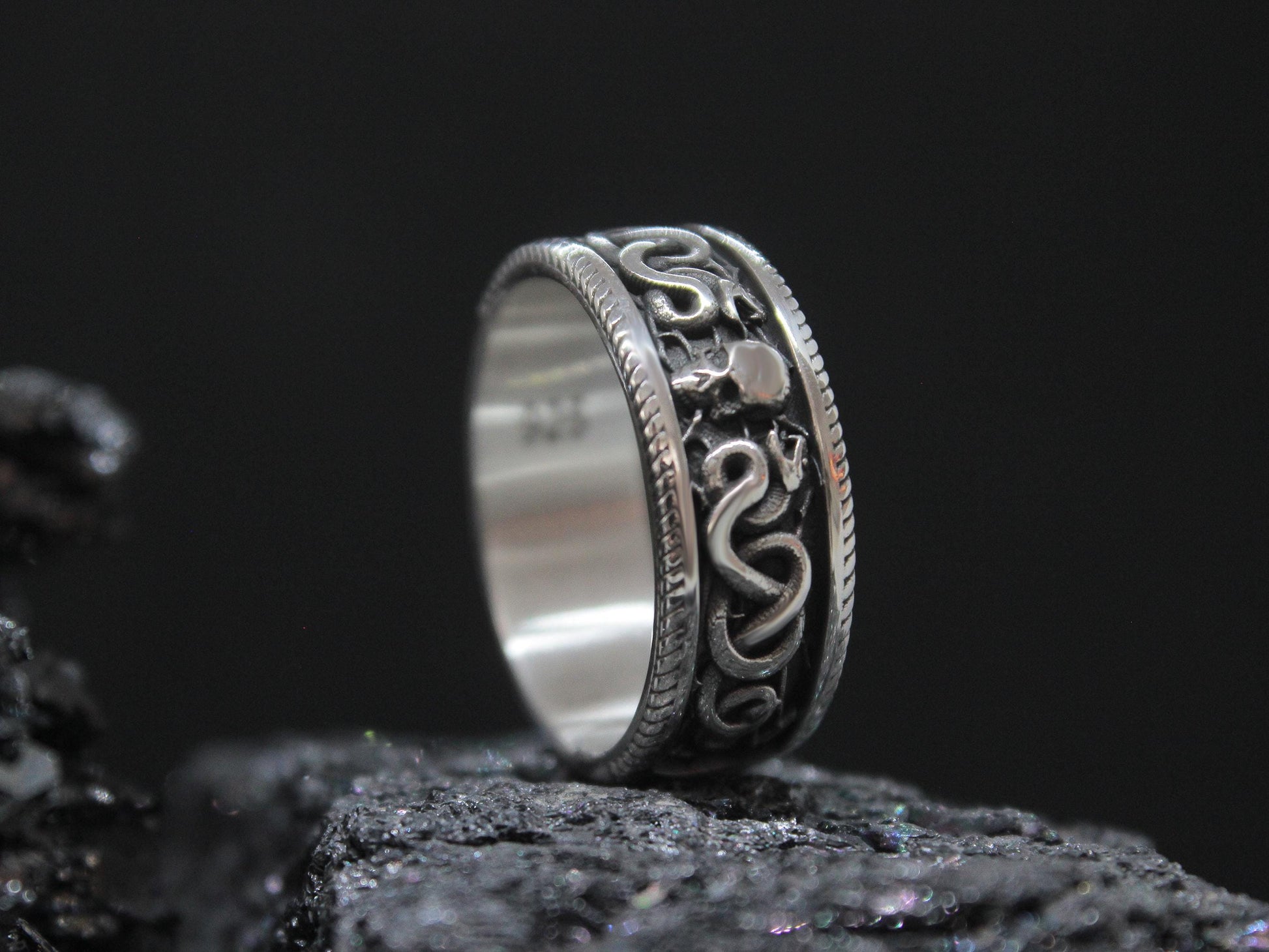 Gothic Snake Band Ring, Dark Symbolic Ring, Silver Skull And Snake Ring For Men,  Occult Biker Ring, Vintage Skull Statement Jewelry