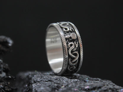 Gothic Snake Band Ring, Dark Symbolic Ring, Silver Skull And Snake Ring For Men,  Occult Biker Ring, Vintage Skull Statement Jewelry