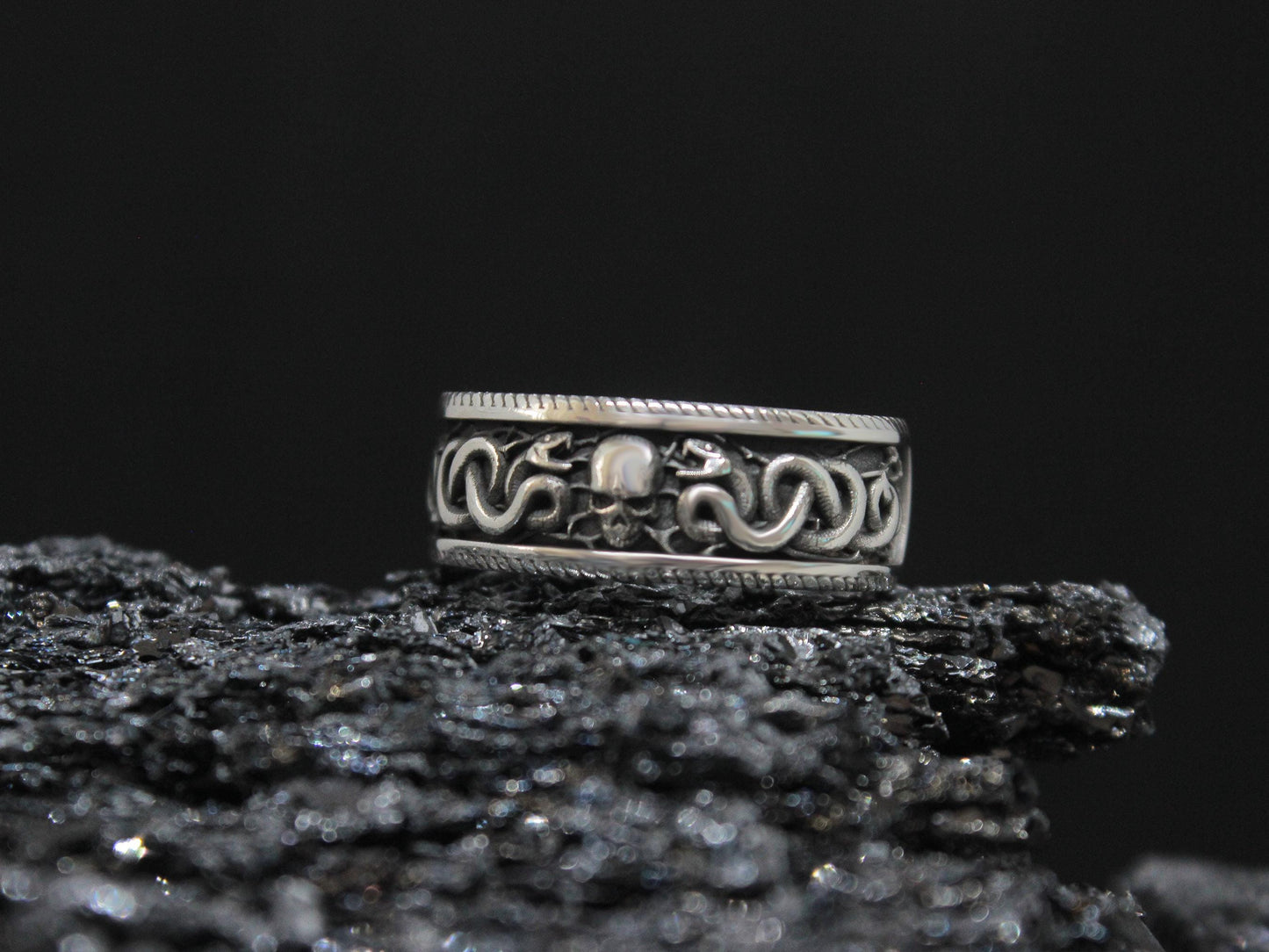 Gothic Snake Band Ring, Dark Symbolic Ring, Silver Skull And Snake Ring For Men,  Occult Biker Ring, Vintage Skull Statement Jewelry