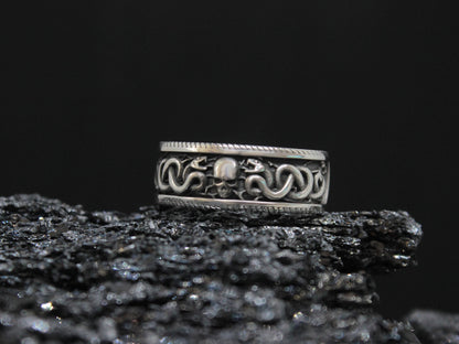 Gothic Snake Band Ring, Dark Symbolic Ring, Silver Skull And Snake Ring For Men,  Occult Biker Ring, Vintage Skull Statement Jewelry