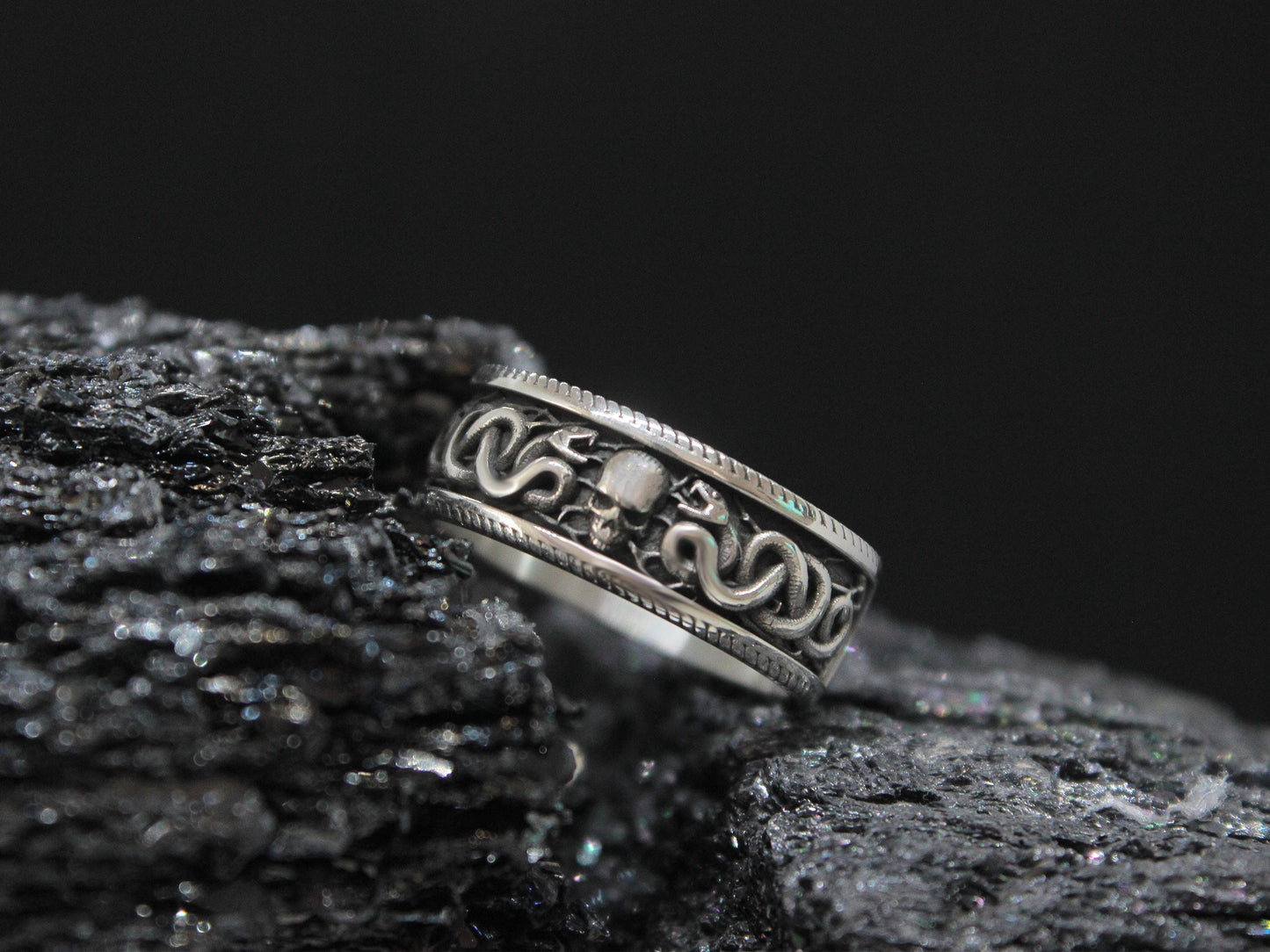 Gothic Snake Band Ring, Dark Symbolic Ring, Silver Skull And Snake Ring For Men,  Occult Biker Ring, Vintage Skull Statement Jewelry