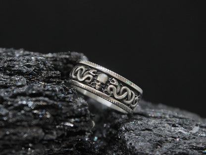 Gothic Snake Band Ring, Dark Symbolic Ring, Silver Skull And Snake Ring For Men,  Occult Biker Ring, Vintage Skull Statement Jewelry