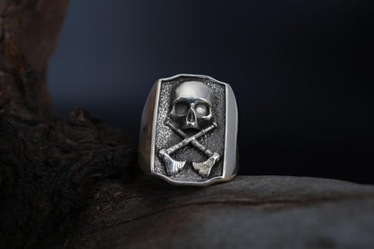 Skull And Axe Gothic Men Ring, Handmade Signet Ring, Men Biker Ring, Death Skull Ring For Men, Punk Jewelry, Unique Fantasy Ring For Men