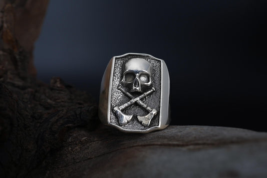 Skull And Axe Gothic Men Ring, Handmade Signet Ring, Men Biker Ring, Death Skull Ring For Men, Punk Jewelry, Unique Fantasy Ring For Men