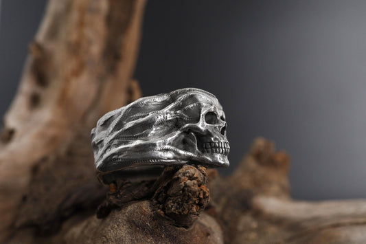 Skull Head Band Ring: Gothic 3d Skull Ring, Handmade Punk Ring, Skull Head Signet Ring, Men's Silver Jewelry