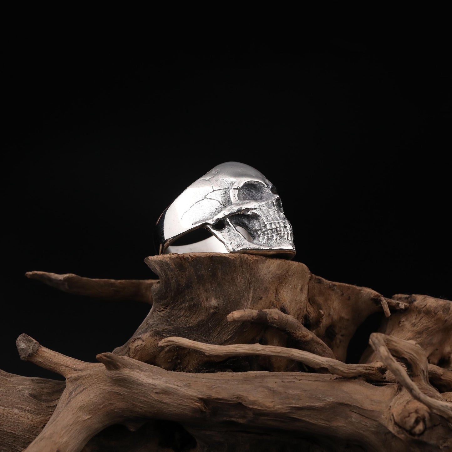 Silver Ornate Skull Signet Ring Men: Gothic Biker Jewelry, Cracked Skull Ring, Skeleton Head Ring