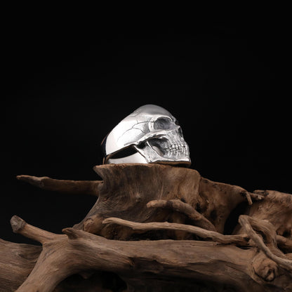 Silver Ornate Skull Signet Ring Men: Gothic Biker Jewelry, Cracked Skull Ring, Skeleton Head Ring