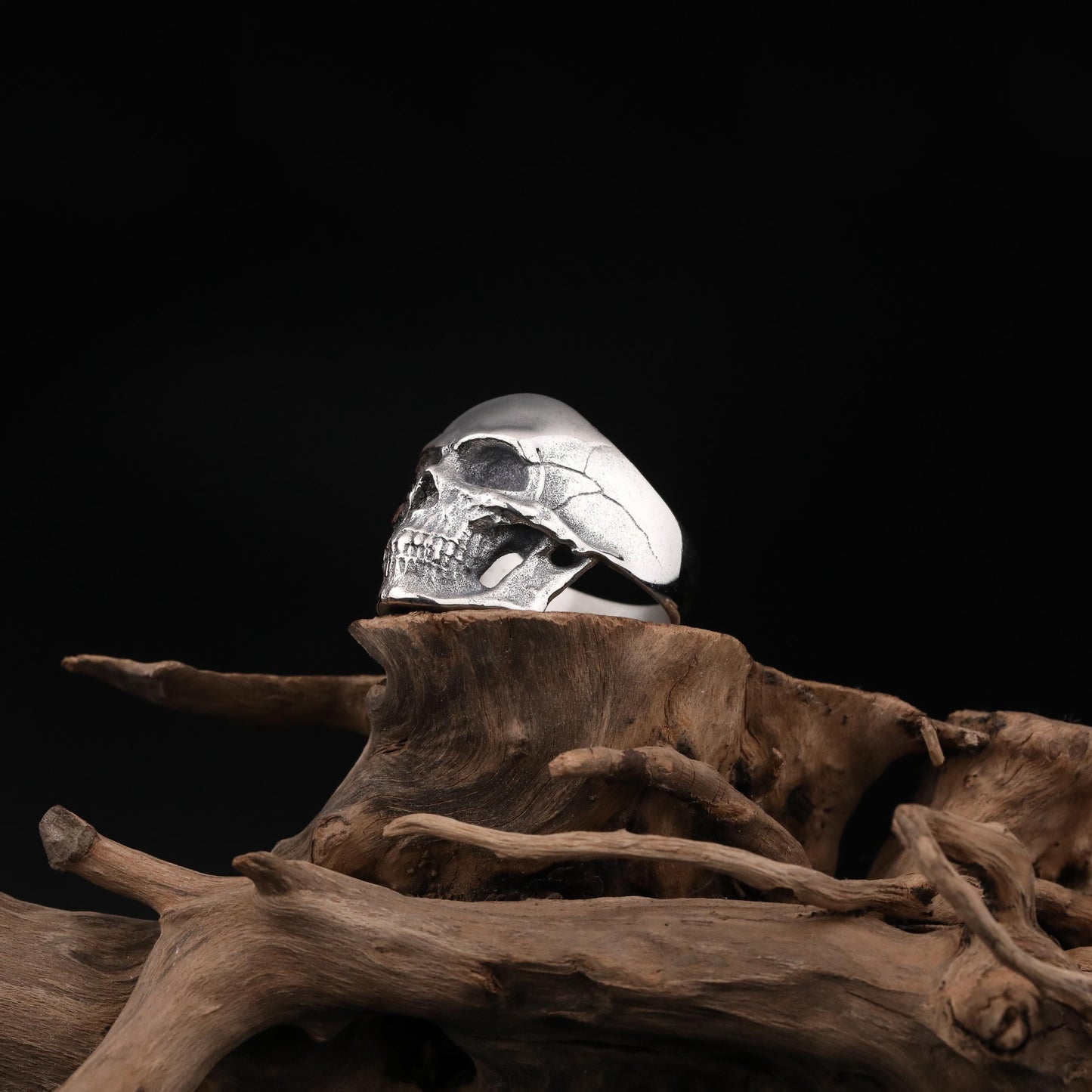 Silver Ornate Skull Signet Ring Men: Gothic Biker Jewelry, Cracked Skull Ring, Skeleton Head Ring