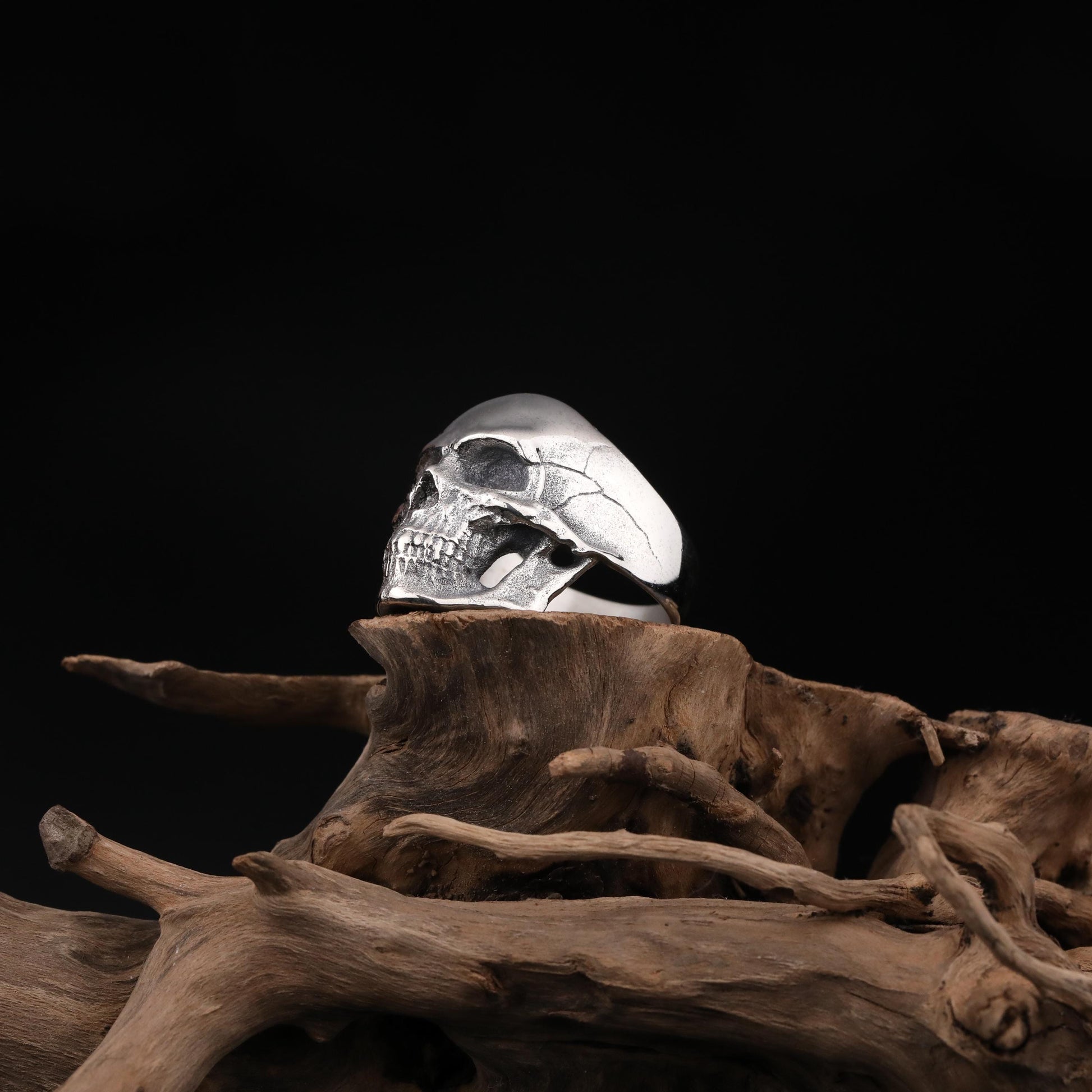 Silver Ornate Skull Signet Ring Men: Gothic Biker Jewelry, Cracked Skull Ring, Skeleton Head Ring
