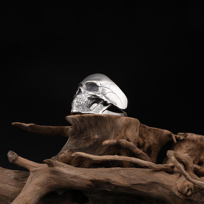 Silver Ornate Skull Signet Ring Men: Gothic Biker Jewelry, Cracked Skull Ring, Skeleton Head Ring