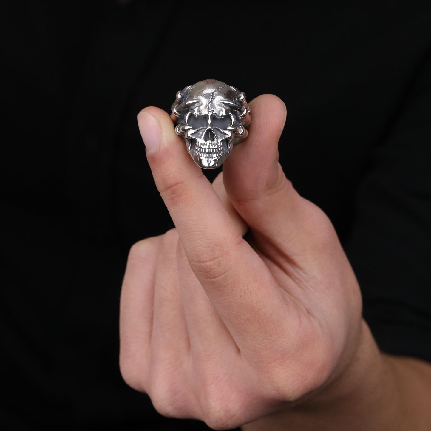 Silver Skull Head Ring: Skeleton Hand Grasping Skull Ring, Gothic Biker Jewelry, Unique Memento Mori Ring
