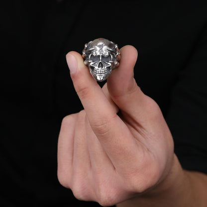 Silver Skull Head Ring: Skeleton Hand Grasping Skull Ring, Gothic Biker Jewelry, Unique Memento Mori Ring
