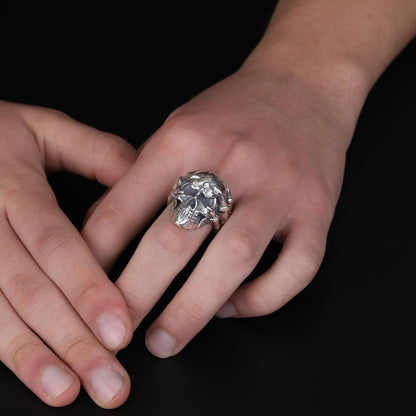 Silver Skull Head Ring: Skeleton Hand Grasping Skull Ring, Gothic Biker Jewelry, Unique Memento Mori Ring