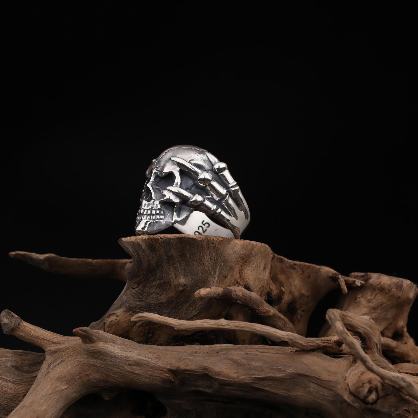 Silver Skull Head Ring: Skeleton Hand Grasping Skull Ring, Gothic Biker Jewelry, Unique Memento Mori Ring