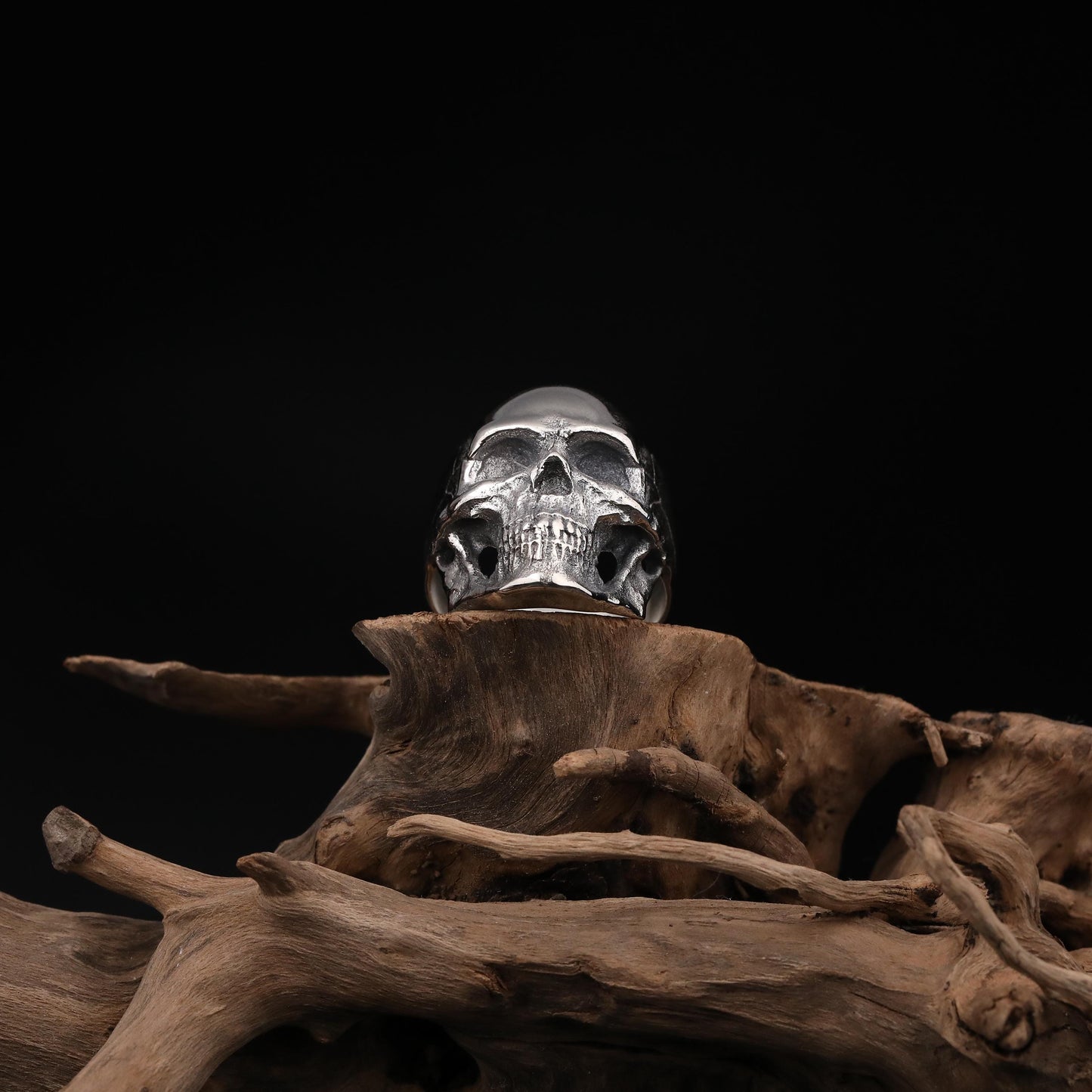 Silver Ornate Skull Signet Ring Men: Gothic Biker Jewelry, Cracked Skull Ring, Skeleton Head Ring