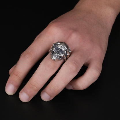 Silver Skull Head Ring: Skeleton Hand Grasping Skull Ring, Gothic Biker Jewelry, Unique Memento Mori Ring