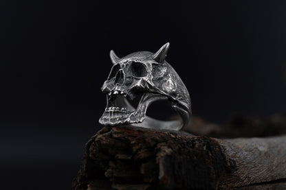 Rhodium Plated Demon Head Ring: Horned Skull Ring, Biker Statement Ring, Hellraiser Head Jewelry, Gothic Men Ring