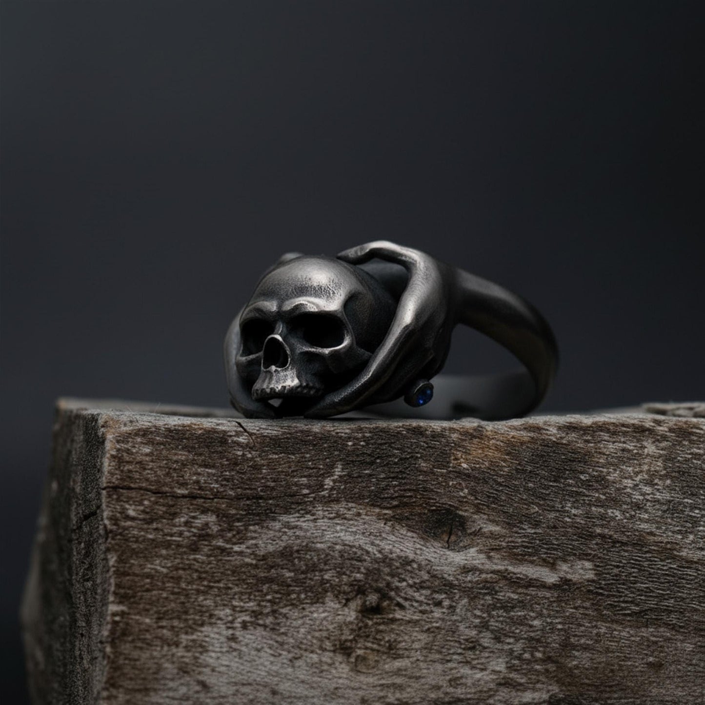 Handmade Gothic Skull Ring: Rhodium Plated Hand Holding Skull Ring, Gypsy Style Ring, Dark Aesthetic Jewelry, Gothic Gypsy Jewelry