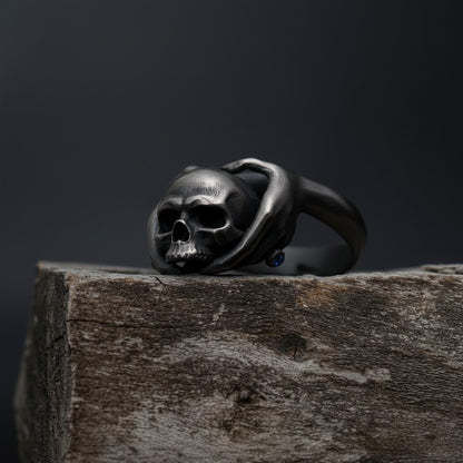 Handmade Gothic Skull Ring: Rhodium Plated Hand Holding Skull Ring, Gypsy Style Ring, Dark Aesthetic Jewelry, Gothic Gypsy Jewelry