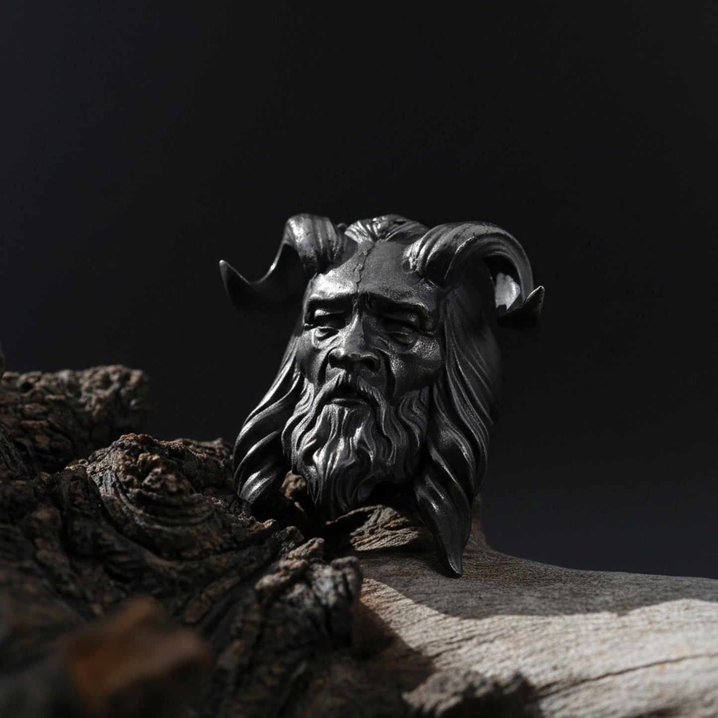 Horned Men Face Ring: Handmade Silver Men Ring, Unique Mens Ring, Gothic Men Jewelry, Biker Ring