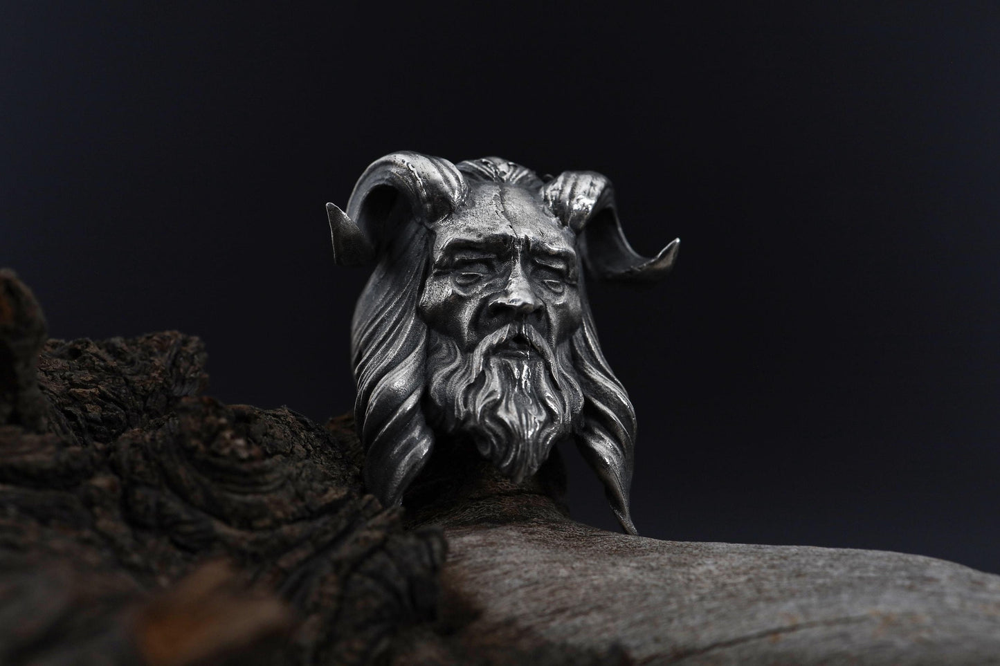 Horned Men Face Ring: Handmade Silver Men Ring, Unique Mens Ring, Gothic Men Jewelry, Biker Ring