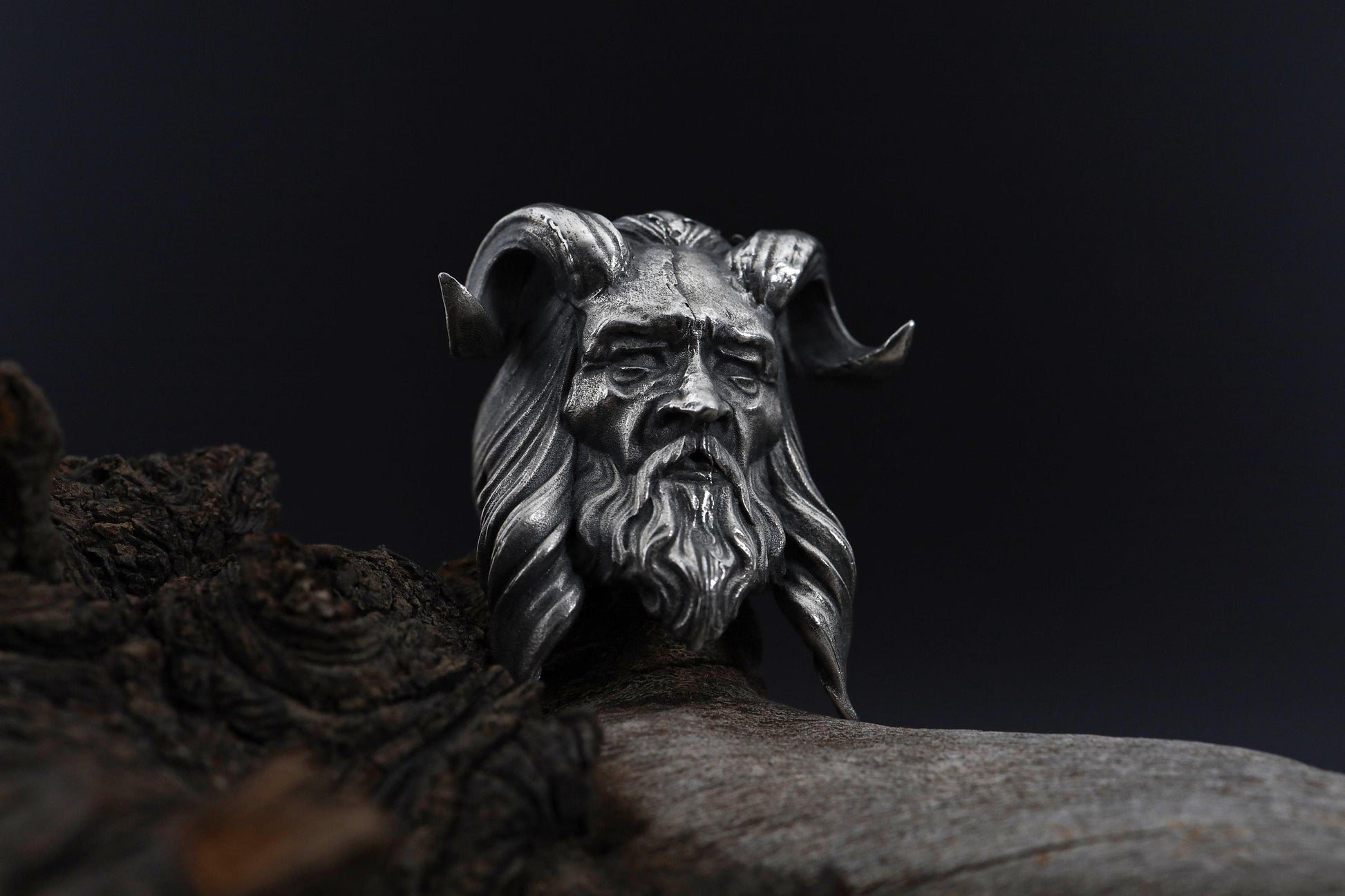 Horned Men Face Ring: Handmade Silver Men Ring, Unique Mens Ring, Gothic Men Jewelry, Biker Ring