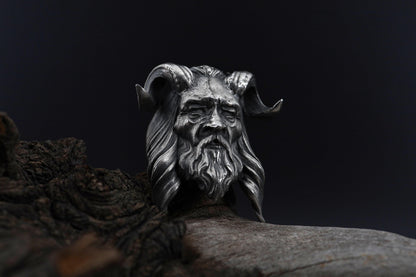 Horned Men Face Ring: Handmade Silver Men Ring, Unique Mens Ring, Gothic Men Jewelry, Biker Ring