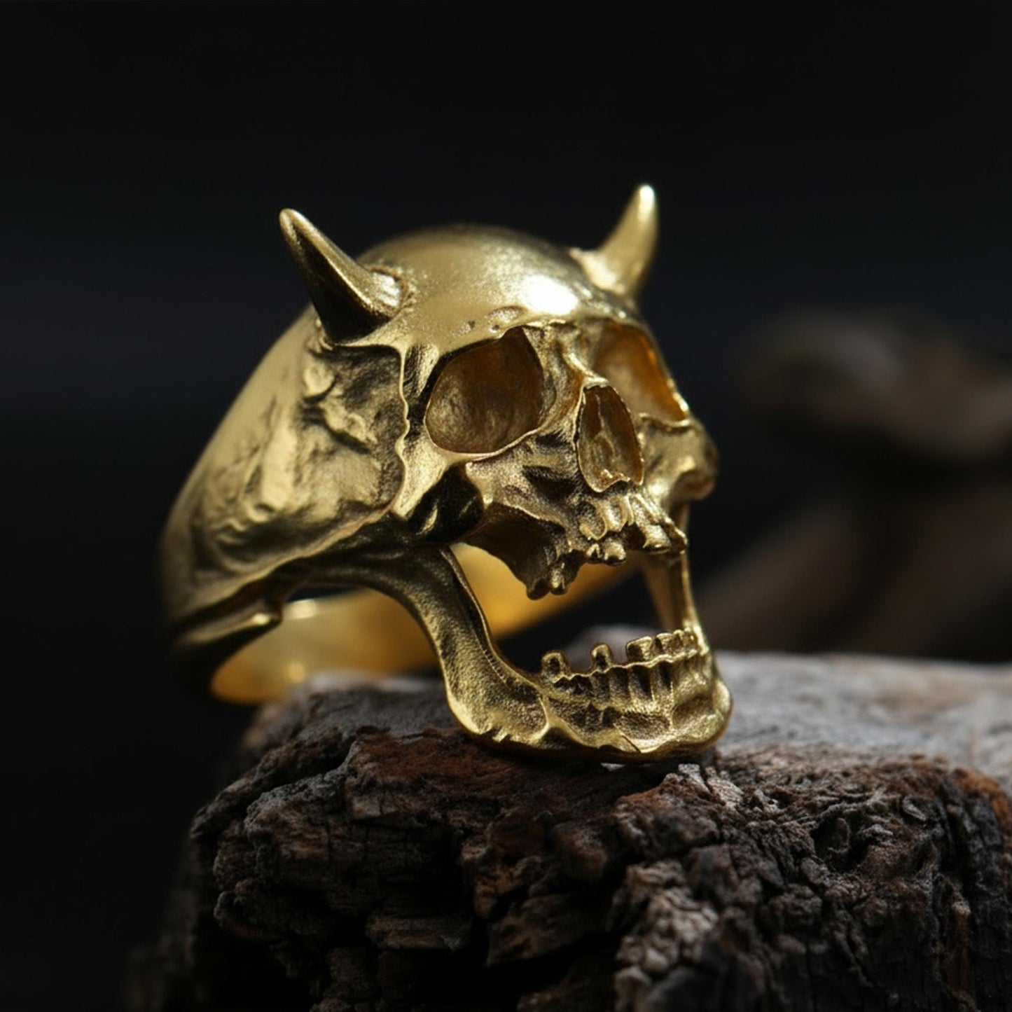 Rhodium Plated Demon Head Ring: Horned Skull Ring, Biker Statement Ring, Hellraiser Head Jewelry, Gothic Men Ring