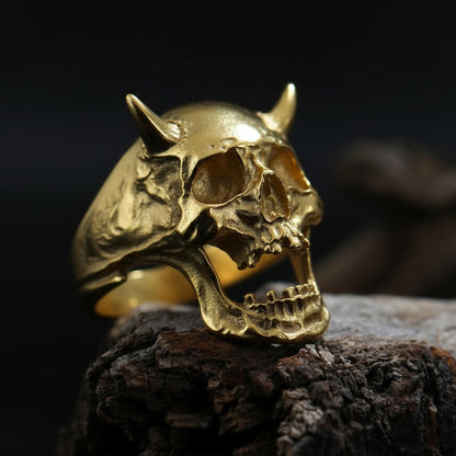 Rhodium Plated Demon Head Ring: Horned Skull Ring, Biker Statement Ring, Hellraiser Head Jewelry, Gothic Men Ring