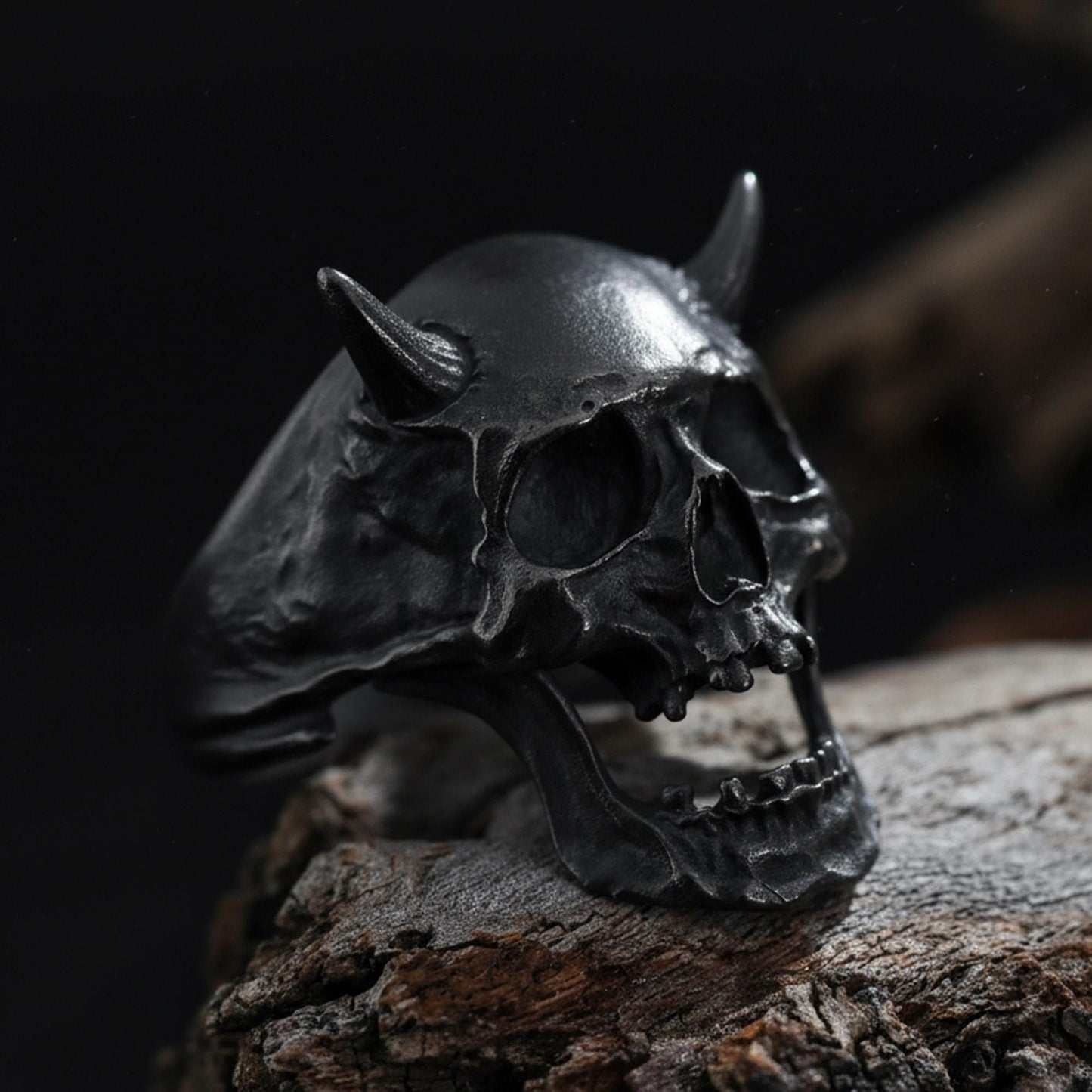 Rhodium Plated Demon Head Ring: Horned Skull Ring, Biker Statement Ring, Hellraiser Head Jewelry, Gothic Men Ring