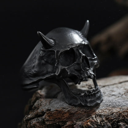 Rhodium Plated Demon Head Ring: Horned Skull Ring, Biker Statement Ring, Hellraiser Head Jewelry, Gothic Men Ring