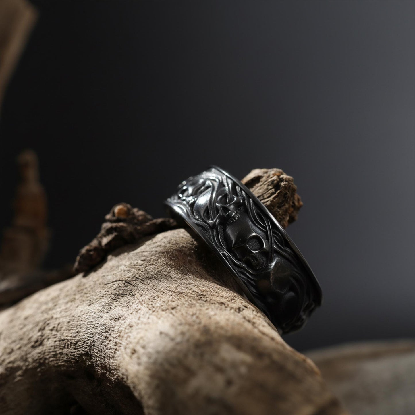 Skulls In Smoke Band Ring: Gothic Engagement Ring, Skull Engraved Biker Ring, Goth Promise Ring