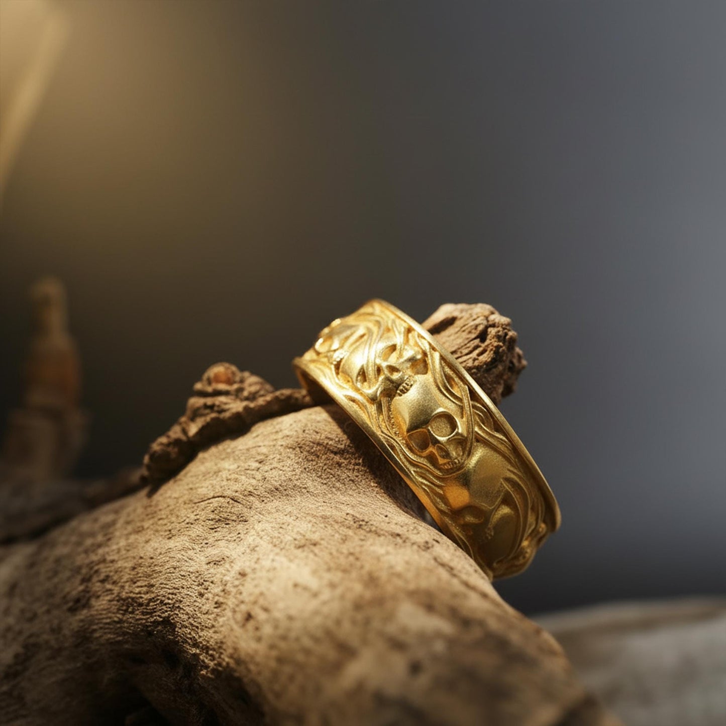 Skulls In Smoke Band Ring: Gothic Engagement Ring, Skull Engraved Biker Ring, Goth Promise Ring
